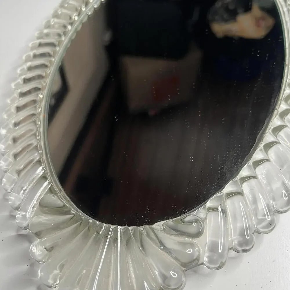 Vintage Oval Glass Vanity Mirror Tray‎ Clear Scalloped Edge Made In USA Decor